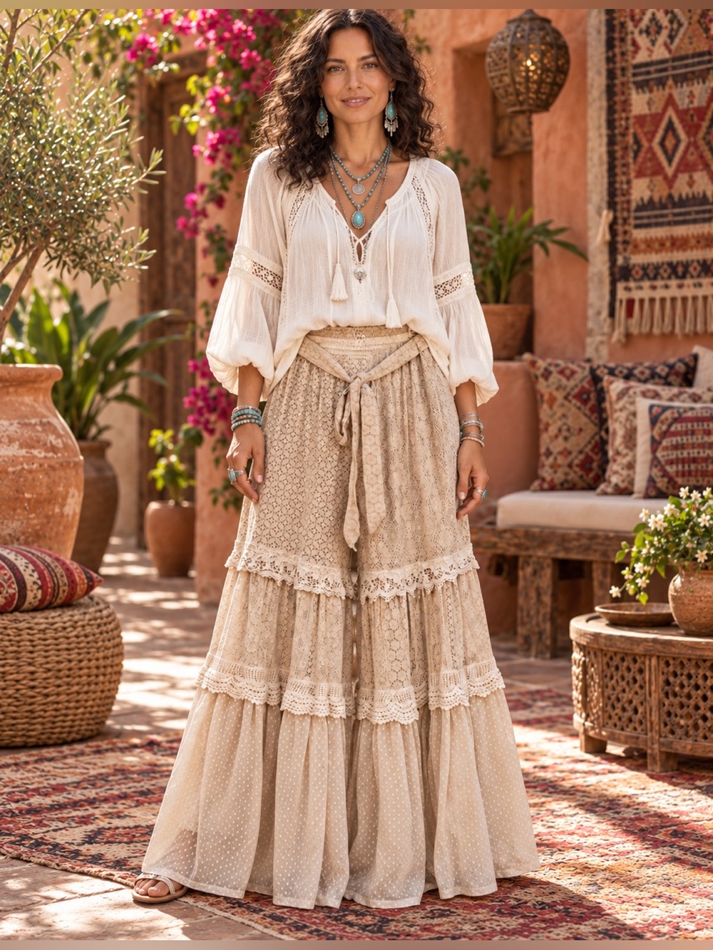 H008 Young Threads M w14-18 Neutral Lace Tiered Wide-Leg Pants in Latte